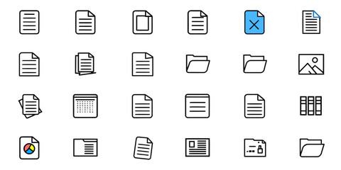 A collection of black and white document and file icons arranged on a white background neatly displayed