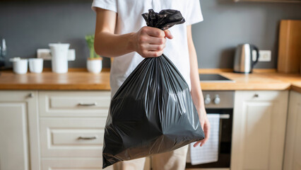 Person holding garbage bag in modern kitchen, performing household chore, promoting cleanliness and domestic responsibility
