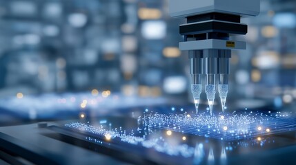Close-up of AI-controlled robotic pipettes conducting complex chemical mixing while holographic data updates, symbolizing automation, laboratory precision, and intelligent experiment management.