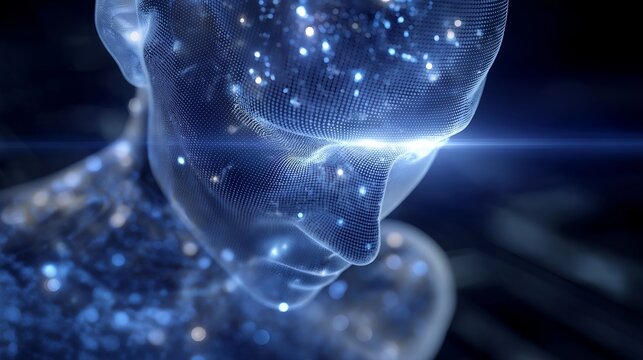 Glowing holographic head without facial features floating above a dark cyber grid, representing anonymous digital identity, encrypted avatars, hidden networks, secrecy in virtual communication, and