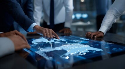 Naklejka na ściany i meble Team of researchers analyzing global cryptocurrency patterns on interactive holographic tables, symbolizing real-time market intelligence, AI optimization, and futuristic financial operations. Naklejka na ściany i meble Team of researchers analyzing global cryptocurrency patterns on interactive holographic tables, symbolizing real-time market intelligence, AI optimization, and futuristic financial operations.