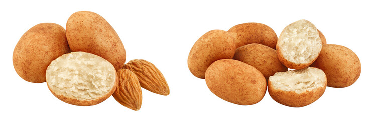 Marzipan balls or potatoes with almond isolated on white background full depth of field