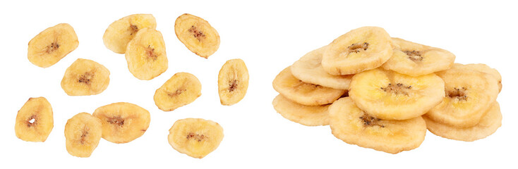 Dried banana chips isolated on white background with full depth of field. Top view. Flat lay