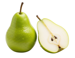 Whole green pear and half pear transparent background cutout png