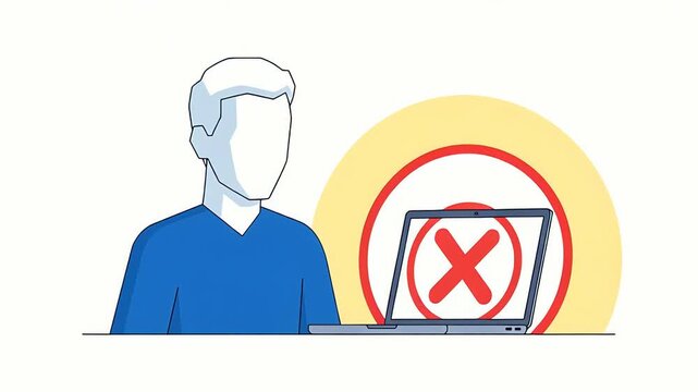 Cartoon person using laptop with error message on the screen. Problems, technical issues, or system failure. Online working challenges. Computer malfunction