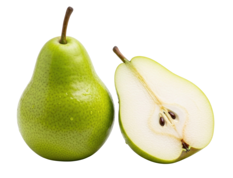 Whole green pear and half pear transparent background cutout png