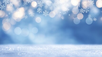 precipitation. Softly falling snowflakes in a winter scene with a cool blue atmospheric glow. travel magazines, destination branding, designed for outdoor magazines and nature guides.