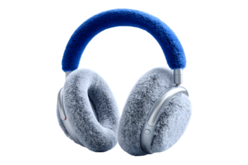 Fluffy blue and white headphones with a black background