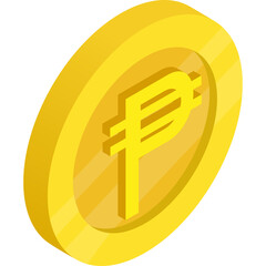 Golden Philippine Peso Coin With Vertical Lines Symbol Isolated On Transparent Background In Isometric 3D Style With Soft Shadow