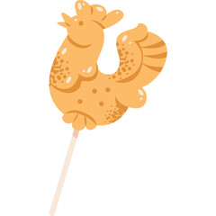 Golden Orange Rooster Shaped Lollipop on a White Stick Against a Transparent Background Simple Fun Treat Illustration
