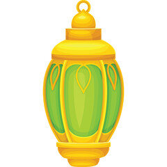 Golden Ornate Lantern With Green Glass Panels Illuminated With Warm Light On A White Background