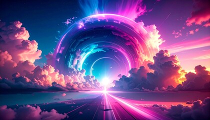 Futuristic abstract background with clouds and glowing tunnel of blue and purple light rays