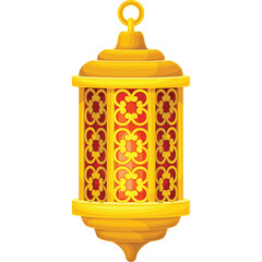 Golden Ornate Lantern With Red And Yellow Decorative Panels Illuminated From Within Featuring Intricate Geometric Patterns Hanging From A Chain