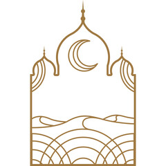 Golden Outline Islamic Mosque Silhouette With Crescent Moon And Desert Landscape Sand Dunes Under A Clear Sky Geometric Arch Window Design Elegant Islamic Architecture