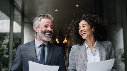 Business partners exchanging cheerful smiles while holding award