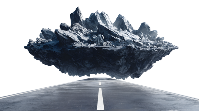 Floating crystal mountain above a dark road