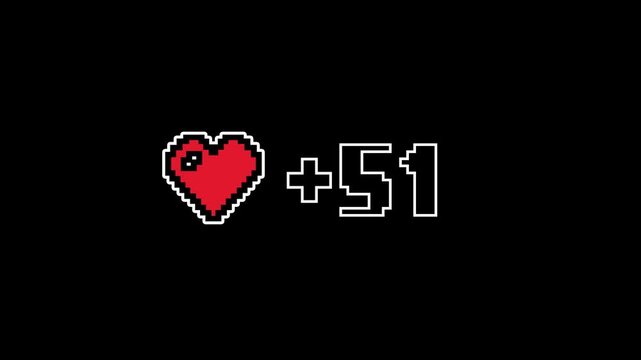 Pixel Heart Counter Animation, 8 Bit Number Count on Black Background
