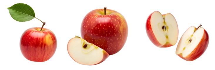 Honeycrisp apple set PNG. Ripe and delicious Honeycrisp apples different views isolated. Red apple top view flat lay isolated. Honeycrisp apple cut in half PNG