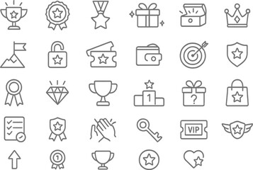 Reward achievement trophy prize gift medal badge success diamond vip ticket key crown target lock vector icons vector illustration