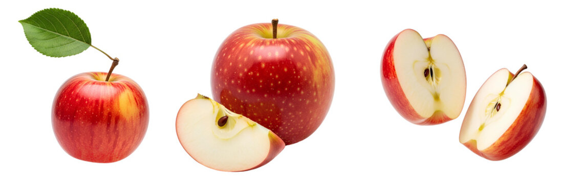 Honeycrisp apple set PNG. Ripe and delicious Honeycrisp apples different views isolated. Red apple top view flat lay isolated. Honeycrisp apple cut in half PNG