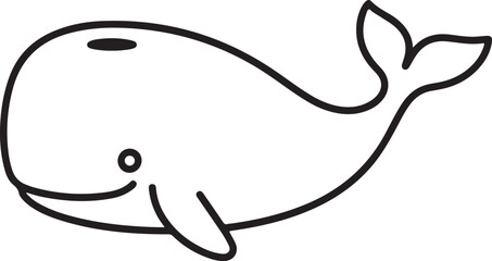 Fototapeta premium Simple black line drawing of a smiling whale with a tail and fins marine mammal ocean