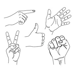 Fototapeta premium Minimalist flat vector hand gestures set, thumbs up, peace sign, pointing finger, open palm, fist, solid color illustration line art