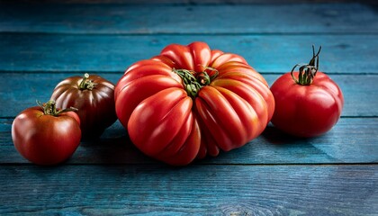 fresh red organic heirloom tomatoes on a wooden background