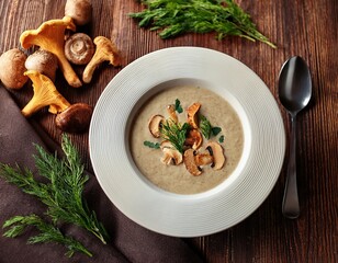 creamy soup with mushrooms chanterelles and herbs on a wooden background
