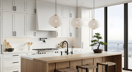 A modern white kitchen with a wooden island and pendant lights, featuring a large window with a city view.