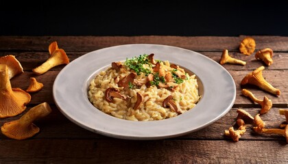 a bowl of delicious chanterelle risotto on a rustic wood table top view