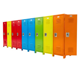 Row of colorful metal lockers isolated on transparent background