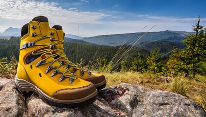 bright yellow hiking boots designed for outdoor adventures with sturdy support and traction for rugged terrain