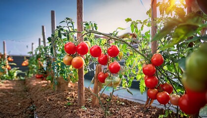 red ripe tomatoes growing on branch vine at house yard or greenhouse homegrown heirloom organic natural vegetables on garden bed farm