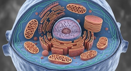 Detailed illustration of a eukaryotic cell structure, displaying nucleus, mitochondria, endoplasmic reticulum, and other organelles.