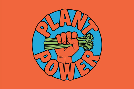 Illustration of a fist holding celery with the words plant power in a blue circle on an orange background