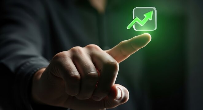 Hand Interacting with Glowing Green Growth Arrow Icon