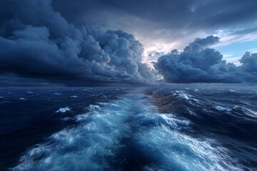 Obraz premium Dramatic storm clouds gather over a turbulent ocean, dramatic lighting and epic sea scape