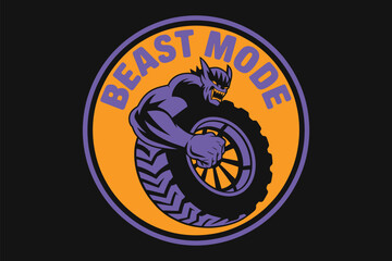 Illustration of a purple monster with sharp teeth holding a tire inside an orange circle emblem