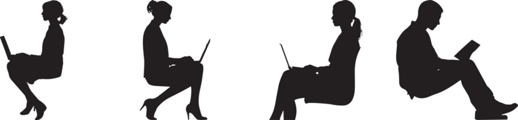 Silhouettes of men and women sitting with laptops, symbolizing remote work, digital communication, online education, freelance lifestyle, modern business, teamwork, and technology in everyday professi