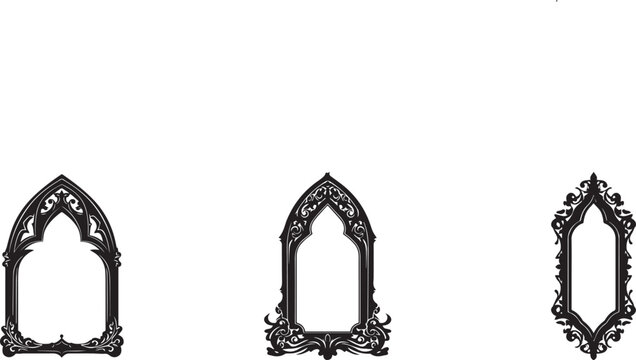 Set of elegant black vintage gothic frames with ornate floral details and pointed arch design, ideal for antique mirror art, classic photo borders, decorative patterns, and historical architecture the