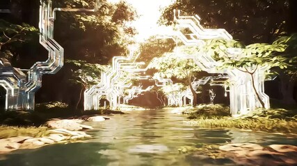 tech-enhanced nature stream through futuristic forest blending technology with natural landscapes showcasing innovation serenity and the harmony of nature. - Powered by Adobe