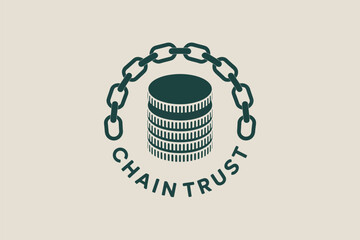 Illustrated stack of coins encircled by a chain with the words chain trust below the stack design