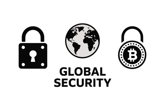 A graphic displaying a padlock, globe, and bitcoin padlock, with the text global security below it
