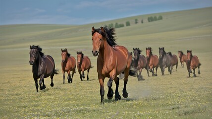 Obraz premium Magnificent herd of horses running freely across a lush green meadow