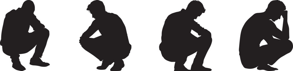 Silhouette illustration of men sitting and thinking in crouched poses, symbolizing stress, contemplation, depression, and life struggles, perfect for psychology, loneliness, and emotional awareness co