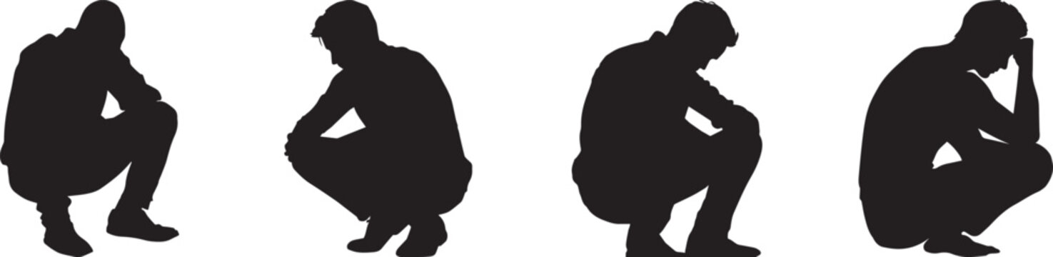 Silhouette illustration of men sitting and thinking in crouched poses, symbolizing stress, contemplation, depression, and life struggles, perfect for psychology, loneliness, and emotional awareness co