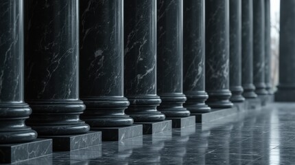 Dark tone photo of marble columns row. Stone floor reflects building exterior with pillars. Cold building architecture interior provides feeling of stability, justice, reliability