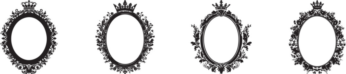 Vintage oval frames with decorative floral and crown ornaments in black silhouette style, perfect for classic portrait design, antique decoration, luxury invitations, and elegant graphic compositions