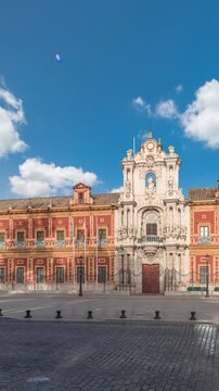 The Palace of San Telmo timelapse hyperlapse in Seville, Spain. Formerly university for navigators, now the seat of the Andalusian Government. Baroque architecture with ornate facade and rich history