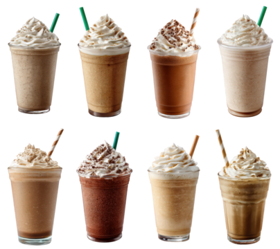 Eight refreshing blended iced coffee and creamy dessert beverages, topped with whipped cream, perfect for sweet indulgence and delightful moments
